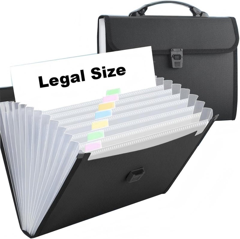 TRANBO Extra Large Legal Size/Foolscap 12 Pockets Accordion File Organizer with Handle, Portable Expanding File Folder, Expandable Plastic Document Organizer for Travel School Office - Black - Image 1